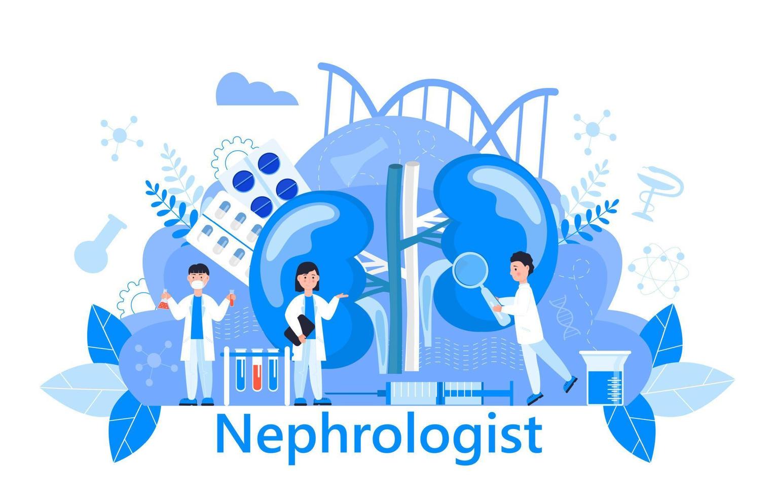 Hemodialysis concept vector. Method of extrarenal blood purification in acute and chronic renal failure. Tiny doctors treat, test kidneys. Blue template for website, landing page. vector