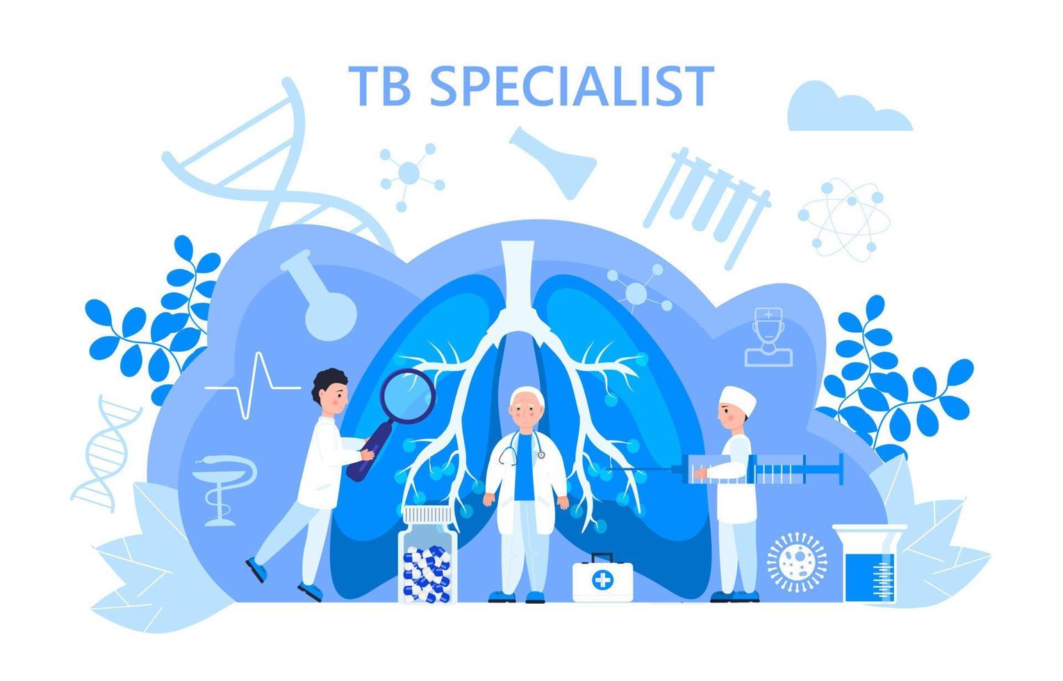 Tuberculosis specialist concept vector. Pulmonary fibrosis, tuberculosis, pneumonia illustration for website, app, banner., Lung diagnosis x-ray machine. Tiny doctors treat, scan lung. vector