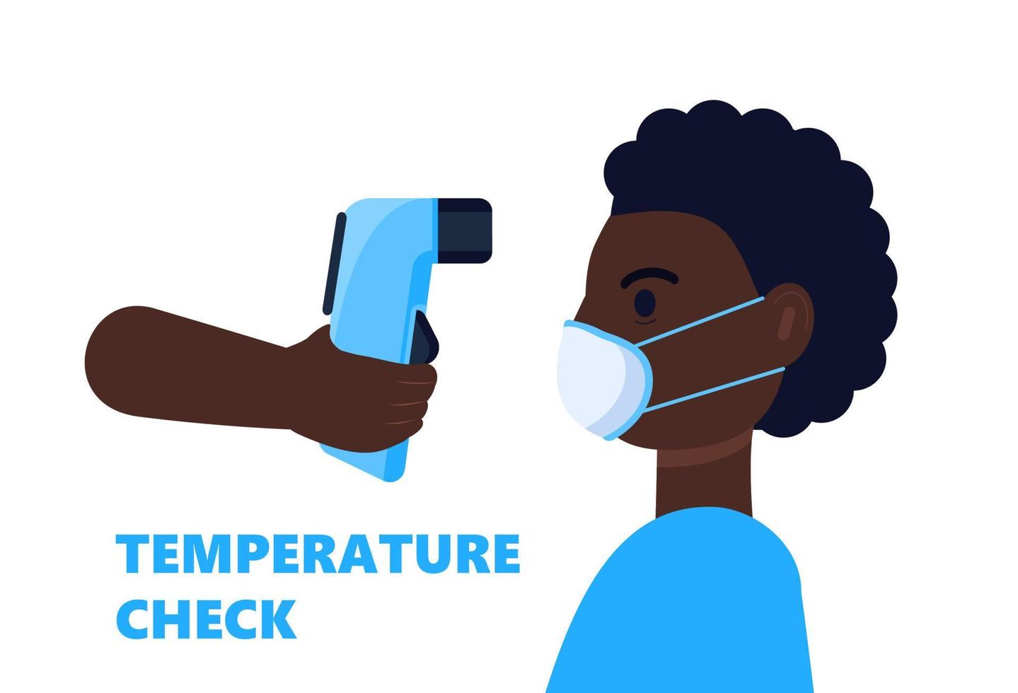 se requiere control de temperatura corporal. termómetro sin contacto en la mano. el hombre negro lleva una máscara en la cara. vector de prevención y control del coronavirus sobre fondo blanco.