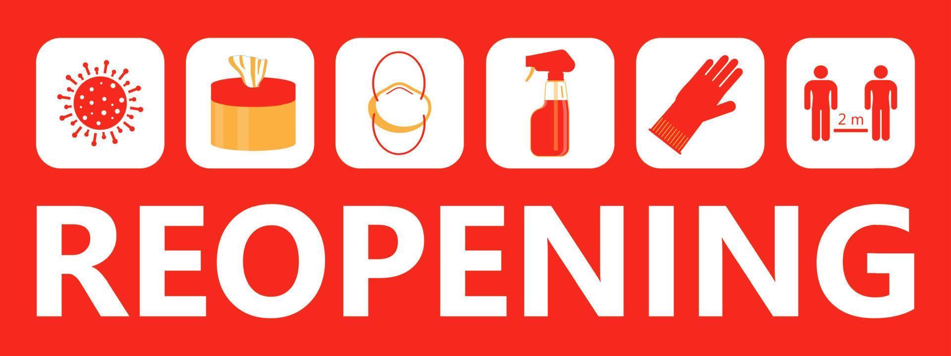 Reopening text vector for shop, marketplaces, grocery, restaurant, fitness center. Tips info-graphic for prevention of corona-virus. Simple opening door sign. Re-opening banner