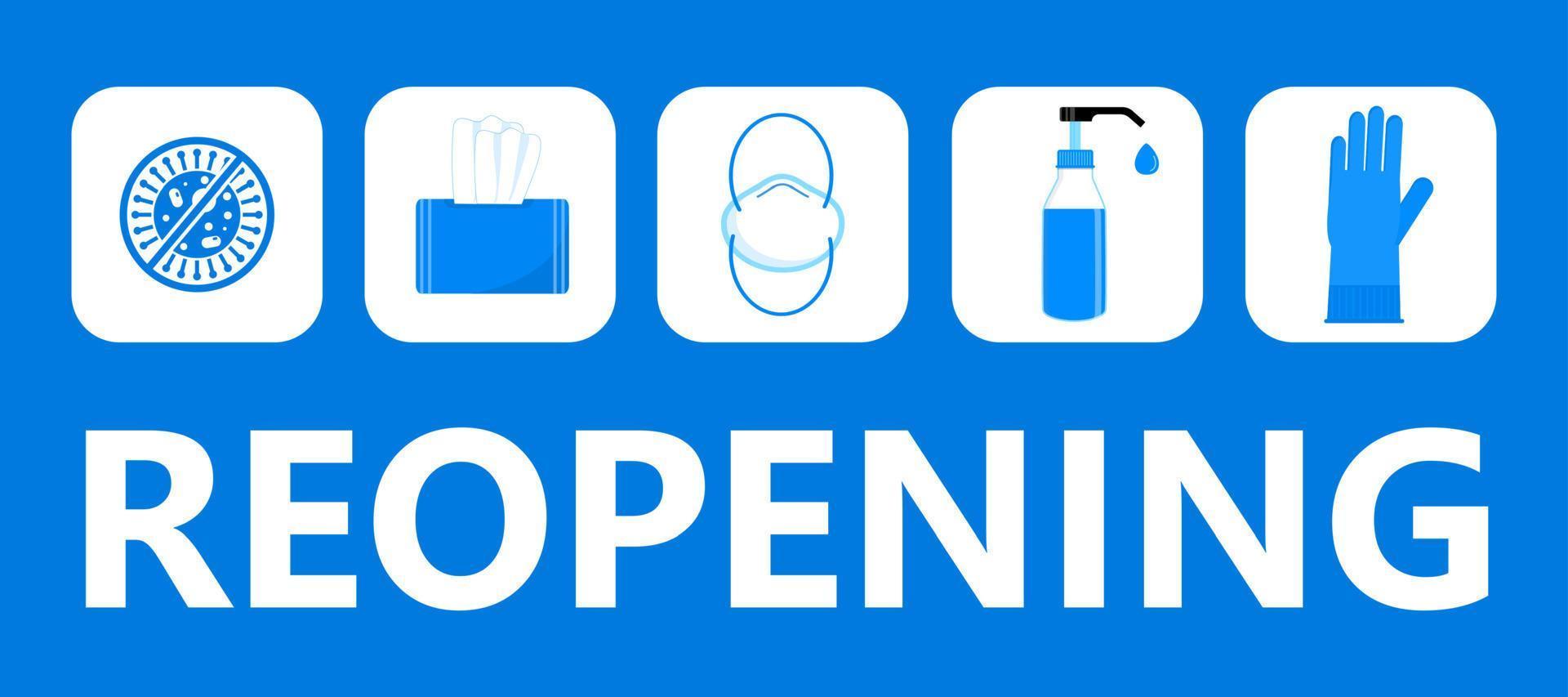 Reopening text vector for shop, marketplaces, grocery, restaurant, cafe. Prevention tips info-graphic for prevention of corona-virus. Simple opening door signs. Re-opening banner for business.