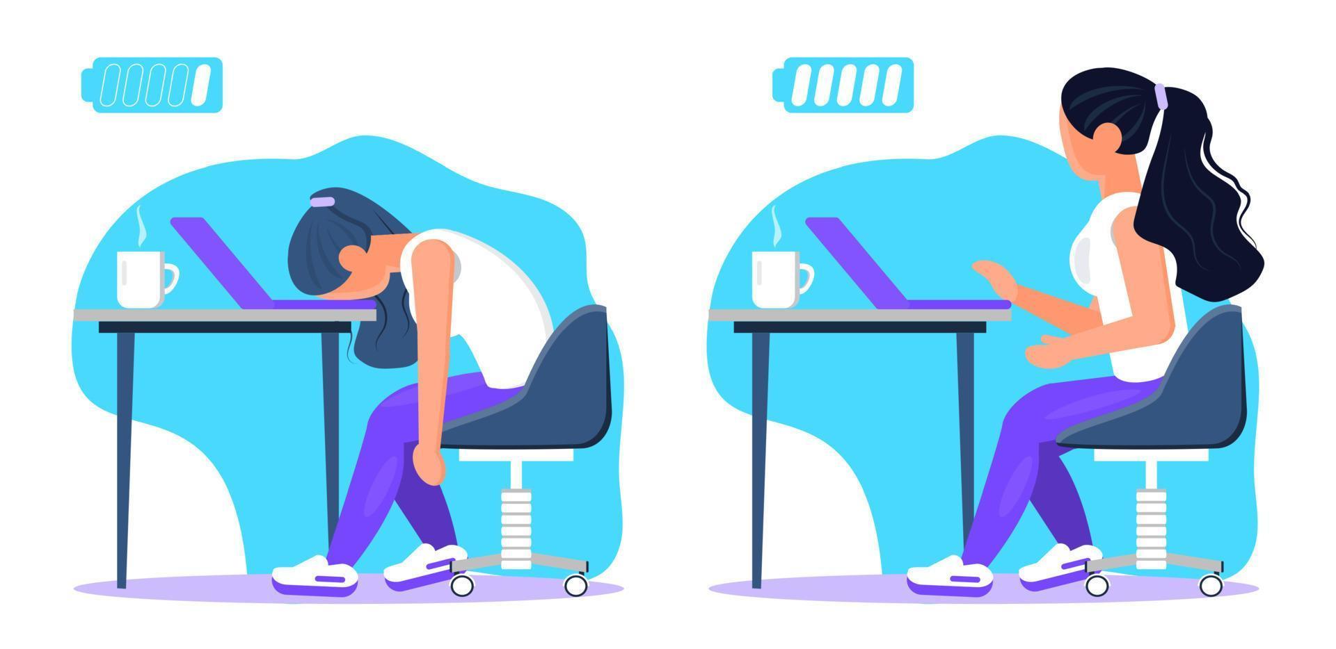 Burnout in professional life, emotional collapse concept vector. Tired frustrated freelancer is sitting at table. Young woman in stress in the office. Brainstorming is out. Unsolved working tasks. vector