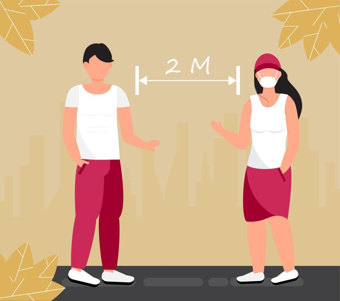 Social distancing concept vector, Woman and man are keeping distance for infection risk and disease. Girl is wearing medical mask for protection of Covid-19. Prevention coronavirus illustration. vector