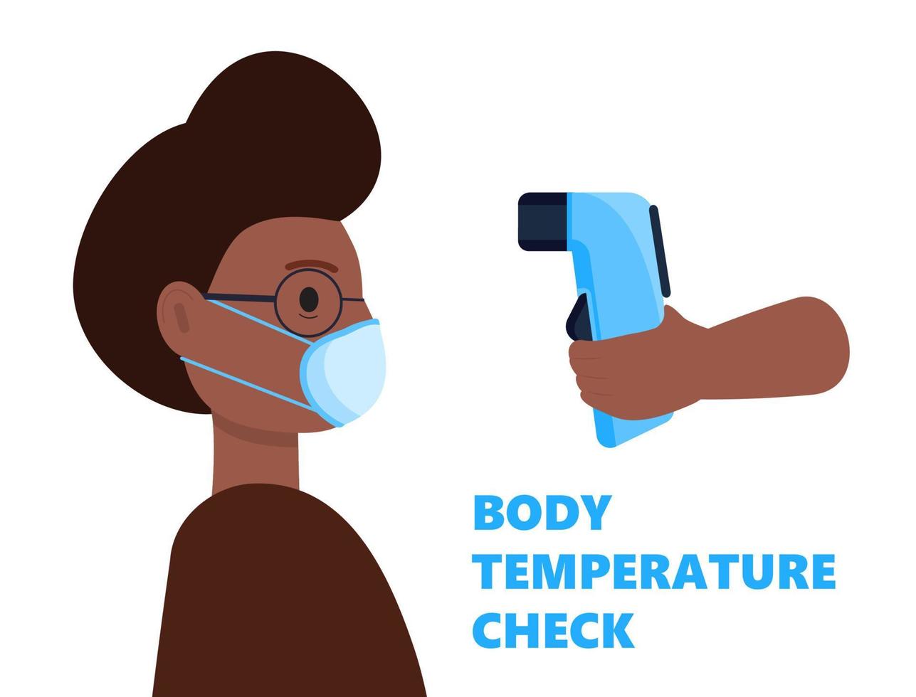 Body temperature check is required. Non-contact thermometer in hand. Black man is wearing mask on the face. Coronavirus prevention and control vector on white background.