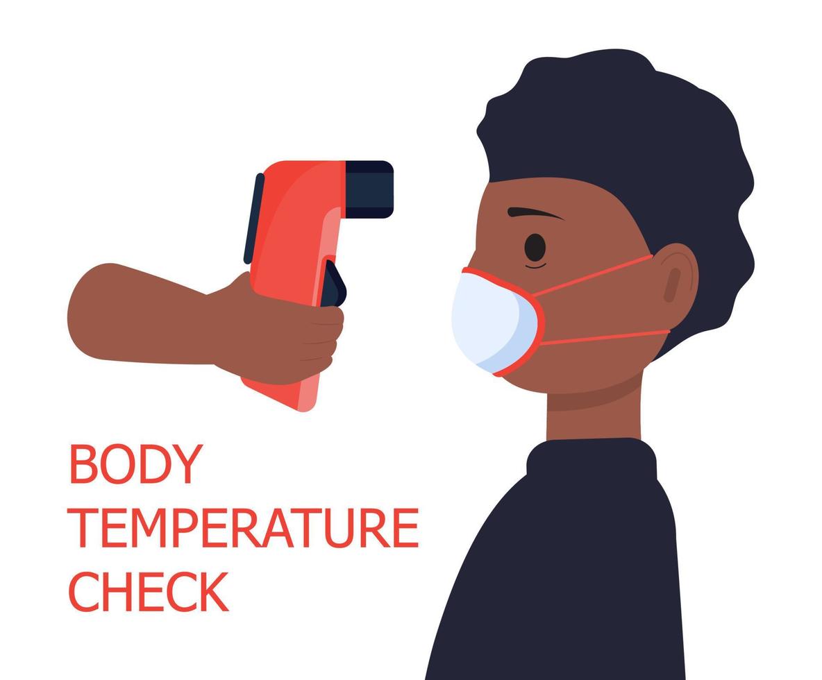 se requiere control de temperatura corporal. termómetro sin contacto en la mano y medición de temperatura de africanos. prevención y control del coronavirus. vector aislado sobre fondo blanco.