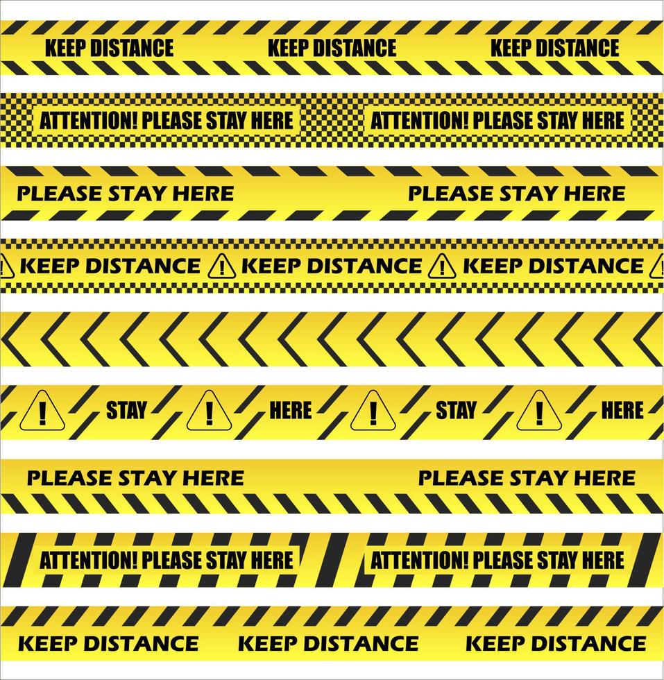 Keep distance on floor stripes set vector. Restrictive tape stickers in yellow with stripes to separate people at a safe distance. Stay here is text on seamless tape vector