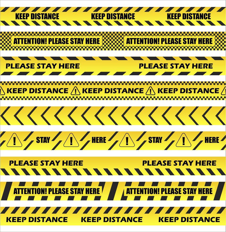 mantenga la distancia en el vector del conjunto de rayas del suelo. pegatinas de cinta restrictiva en amarillo con rayas para separar a las personas a una distancia segura. quedarse aquí es texto en cinta transparente