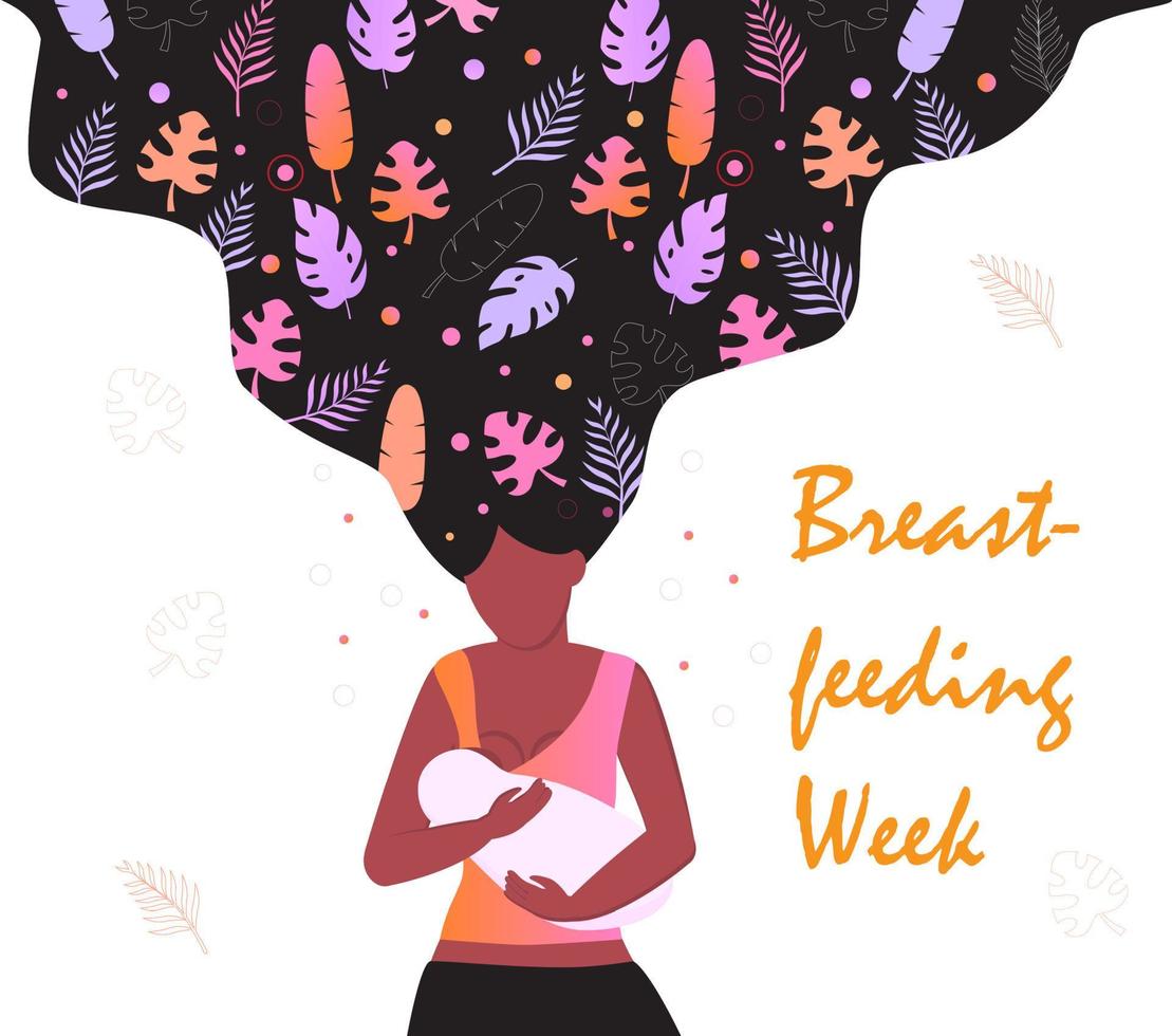 World Breastfeeding Week in August for flyer, banner, landing page. Beautiful African mom is breastfeeding her newborn baby. vector