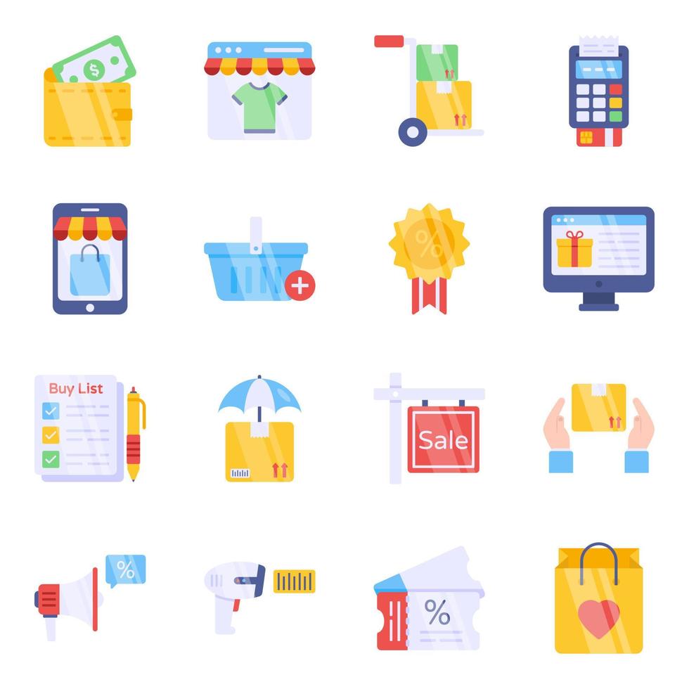 paquete de iconos planos de compras y compras vector