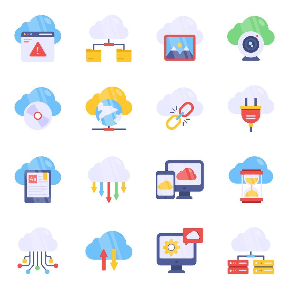 paquete de iconos planos de redes en la nube vector