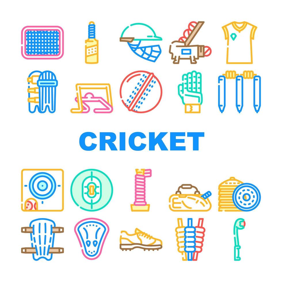 conjunto de iconos de accesorios de juego deportivo de cricket vector