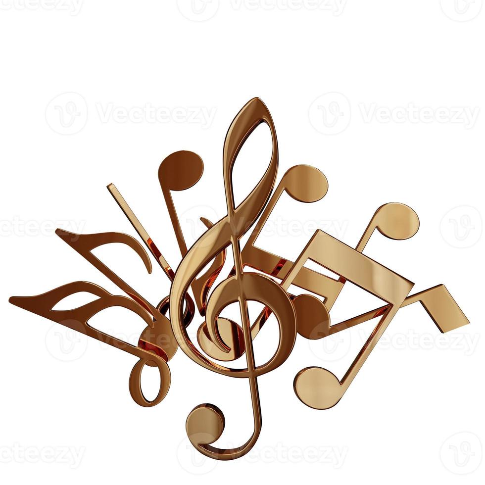 Realistic golden metal treble clef and   musical notes on a white background. 3d golden musical symbol - decoration elements for design. photo