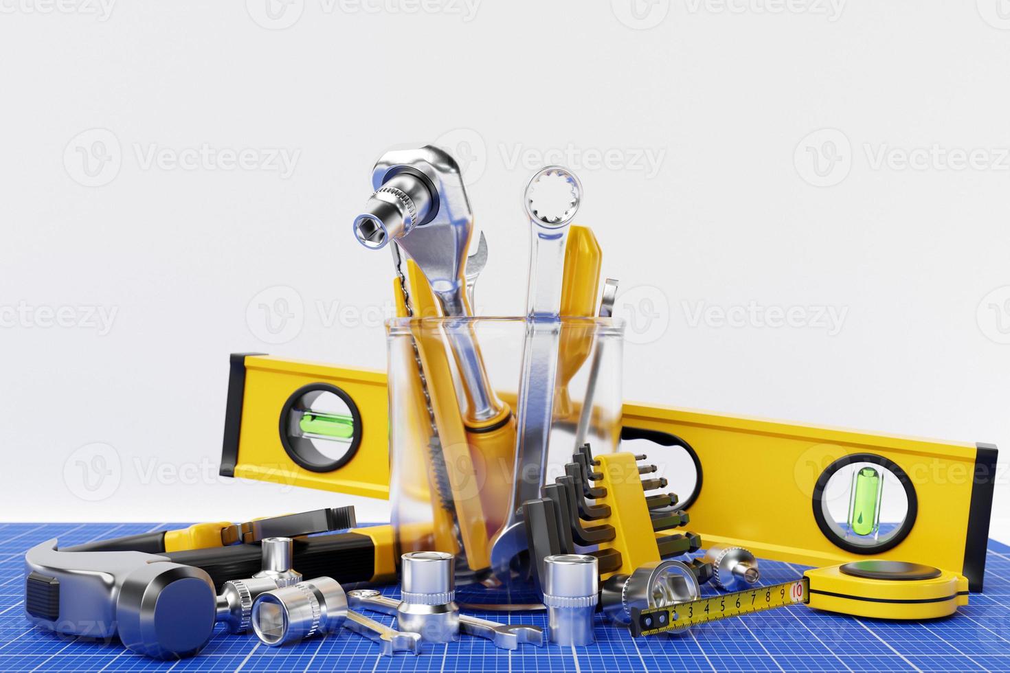 Various working tools for construction, repair. Screwdriver, level, electrical tape, hammer, knife, scissors, wrench, etc. 3D illustration photo