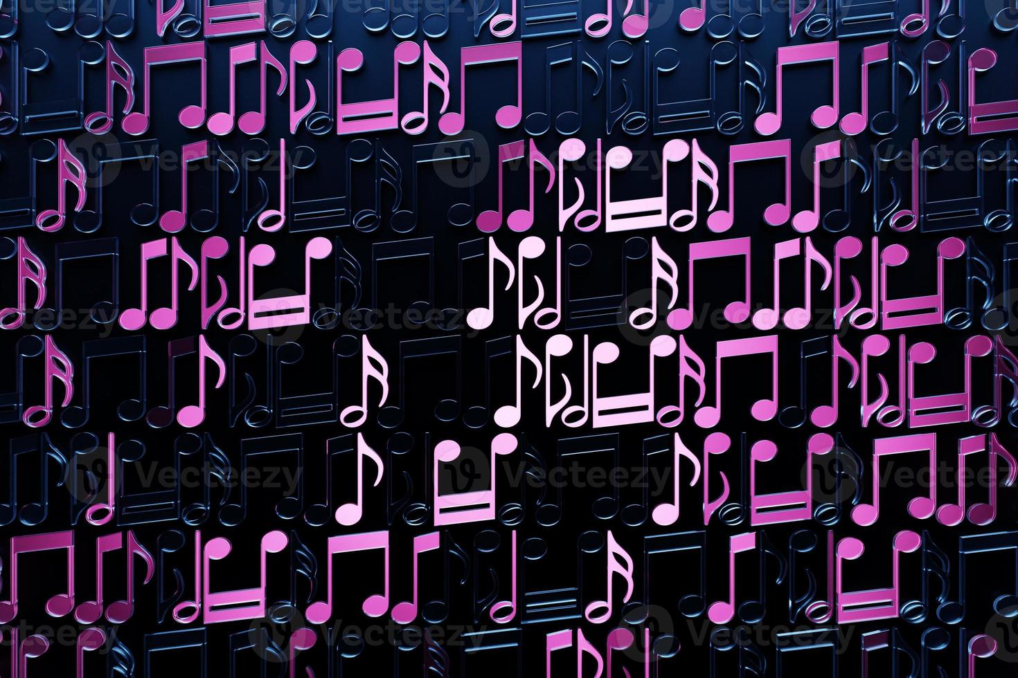 Black music sheet background with pink drawn notes. Simple cartoon design. 3D illustration photo