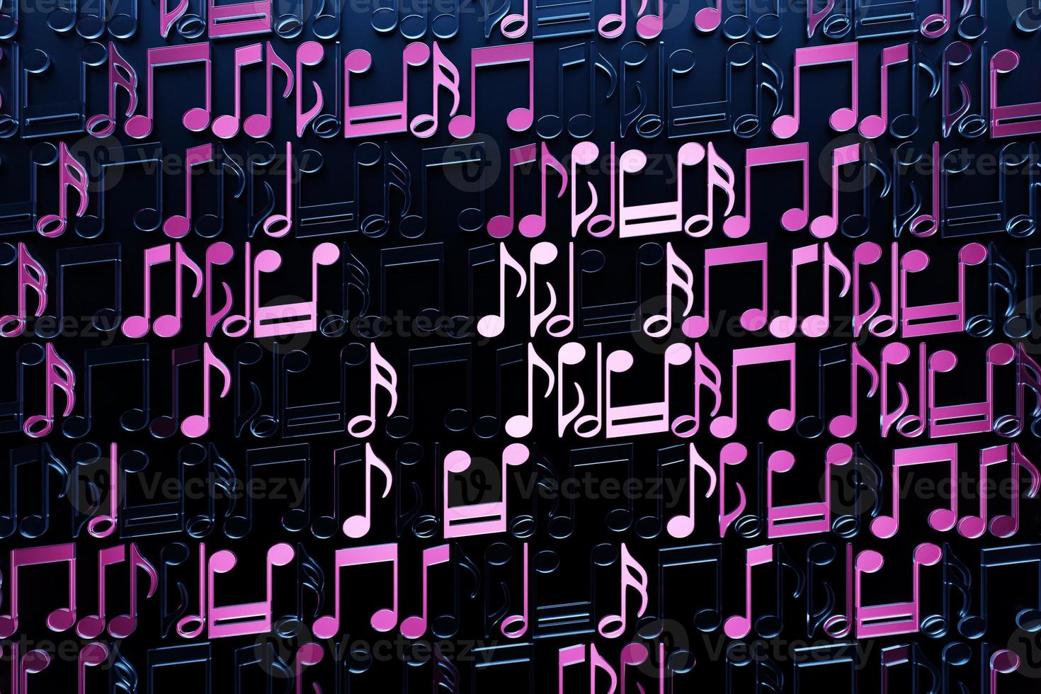 Black music sheet background with pink drawn notes. Simple cartoon design. 3D illustration photo