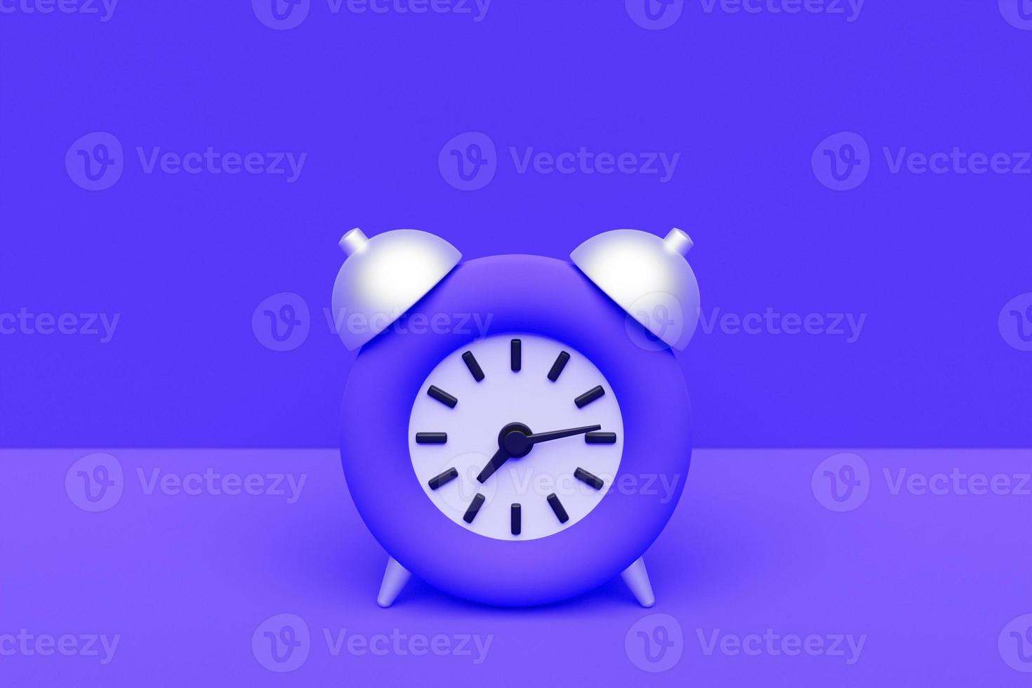 3d illustration purple cartoon wake up alarm clock on isolated monochrome background photo