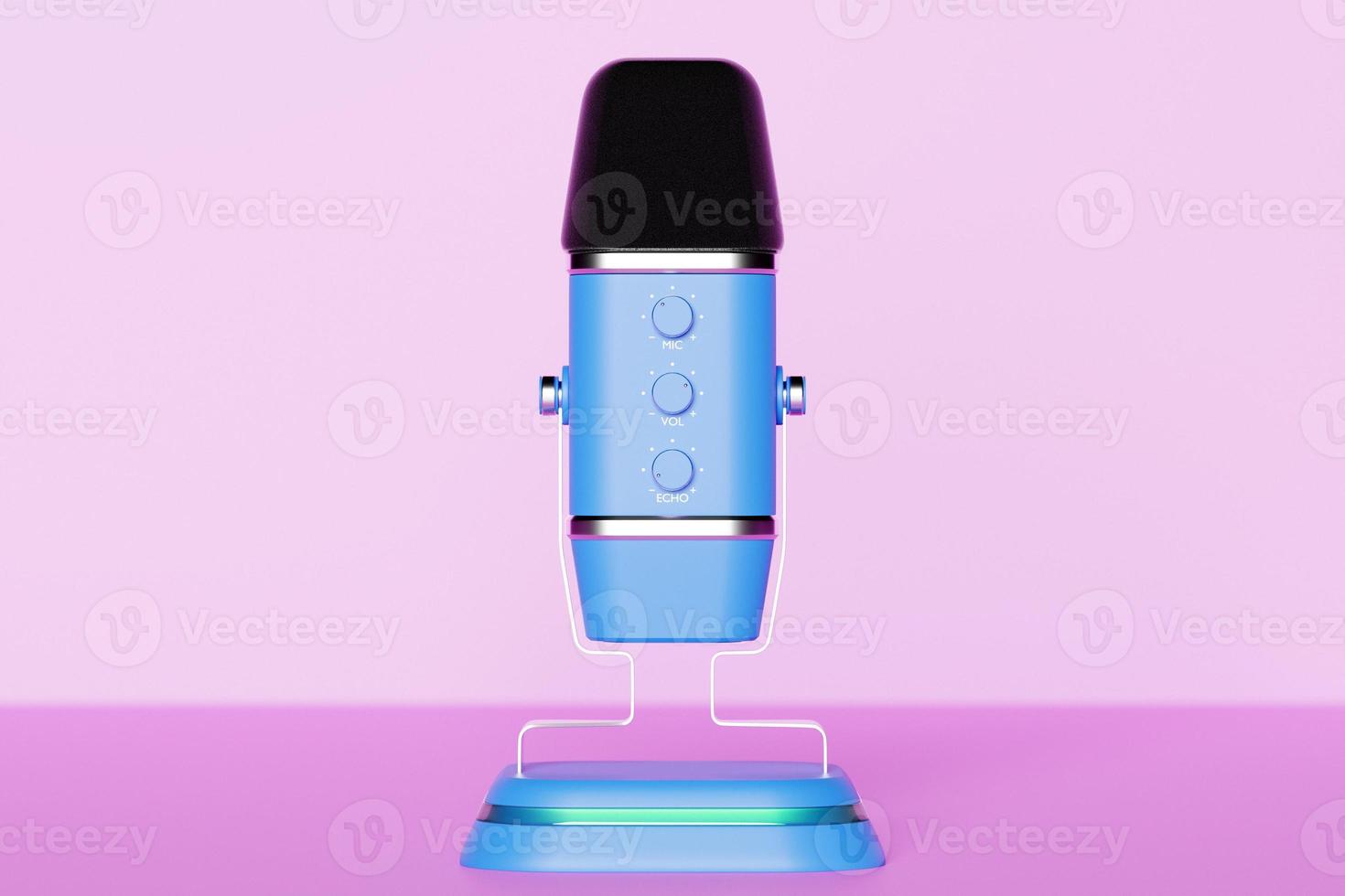 Blue retro microphone isolated on a pastel pink background. minimal style. 3d rendering photo