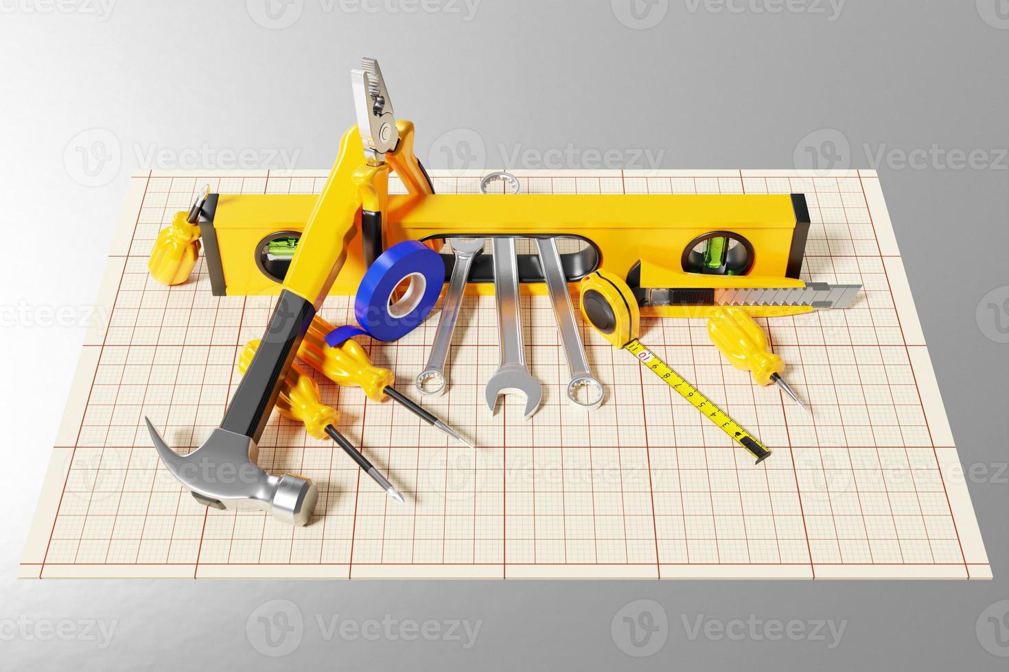 3D illustration home repair tools on millimeter paper. Cute set, elements, stickers, icons. Funny colorful design. photo