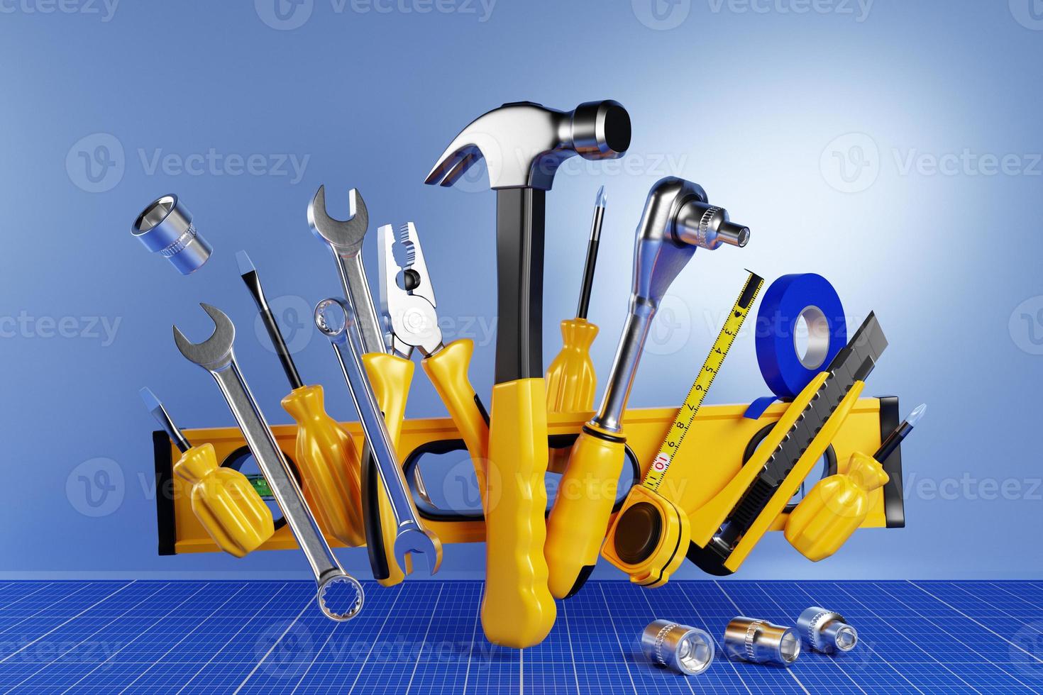 3D illustration screwdriver,ratchet wrench,  hammer, pliers, screws, etc. for handmade. Various working tools. Construction, construction, renovation concept. photo