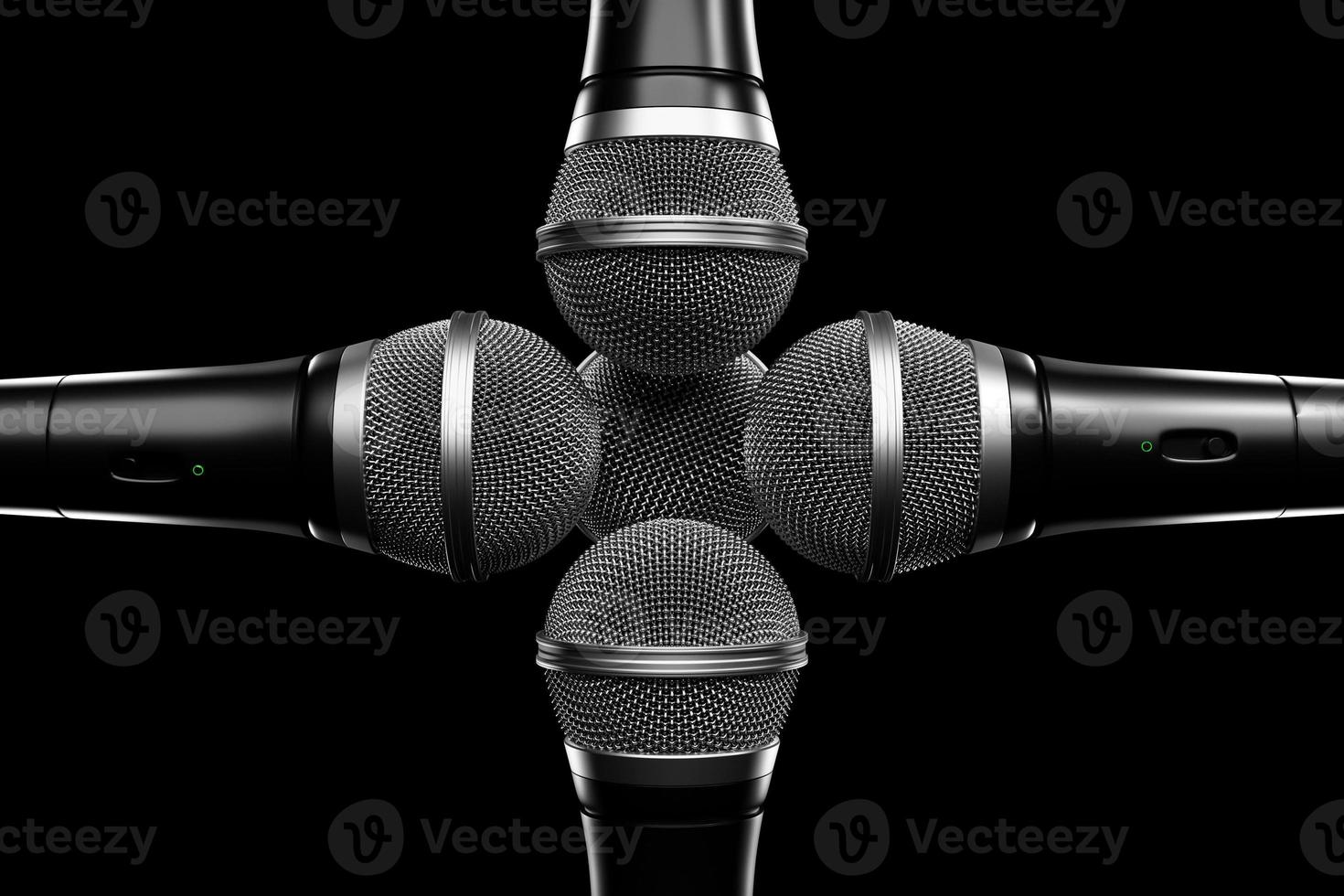 Microphones, round shape model on black background, realistic 3D mockup. music award, karaoke, radio and recording studio sound equipment photo