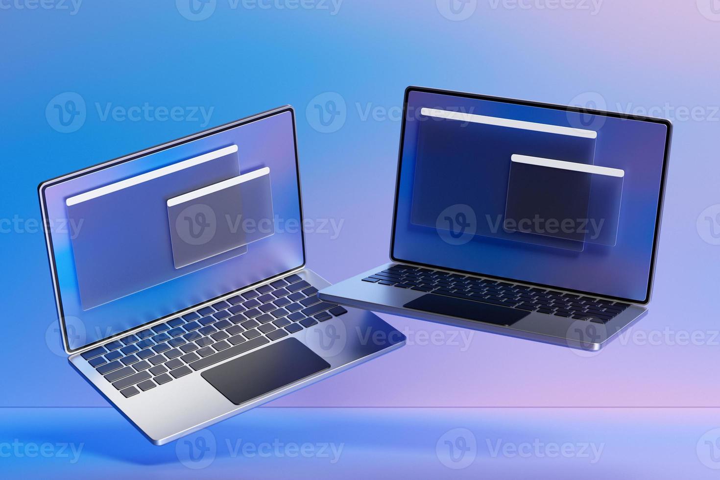 3D illustration of 2 laptops with an open browser tab on the screen. Search on the Internet.  Template search user interface. photo