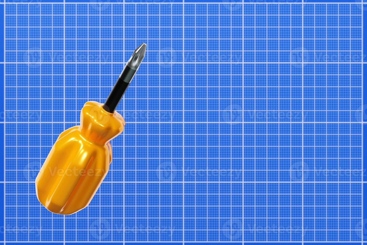 3D illustration of a screwdriver with a yellow  handle in cartoon style on graph paper. Hand carpentry tool for DIY shop. photo