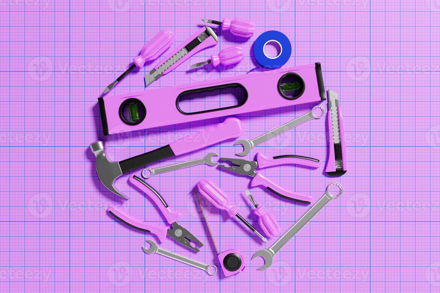 3D illustration pink  screwdriver, hammer, pliers, levers,screws, etc. for handmade on pink background. Various working tools. Construction, construction, renovation concept. photo