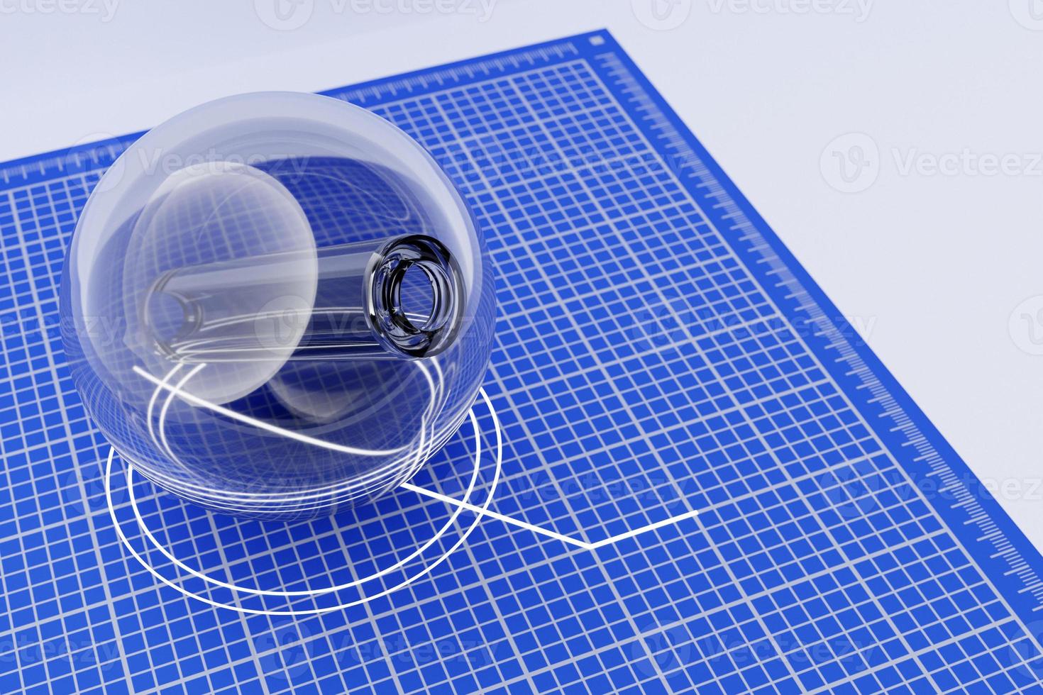 3D illustration drawing of a glass ball with a hole inside on a background of blue millimeter paper photo