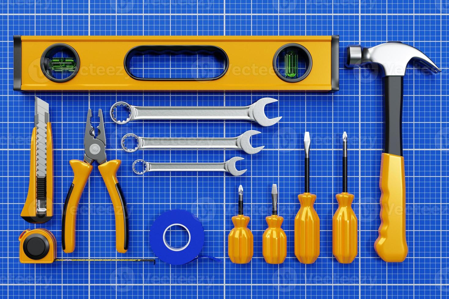 3D illustration of a metal hammer, screwdrivers, pliers, level, tape measure, electrical tape, cutter with yellow handle on graph paper. 3D rendering of a hand tool for repair and installation photo