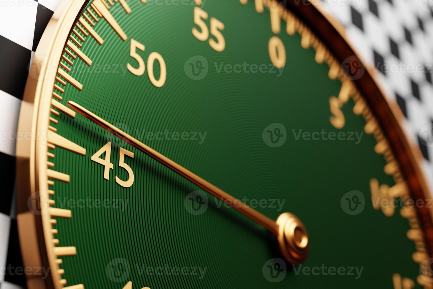 3d illustration  close up  of  black  round clock, stopwatch shows the number 46  on a black and white checkered  background. Chronometer, vintage timer photo