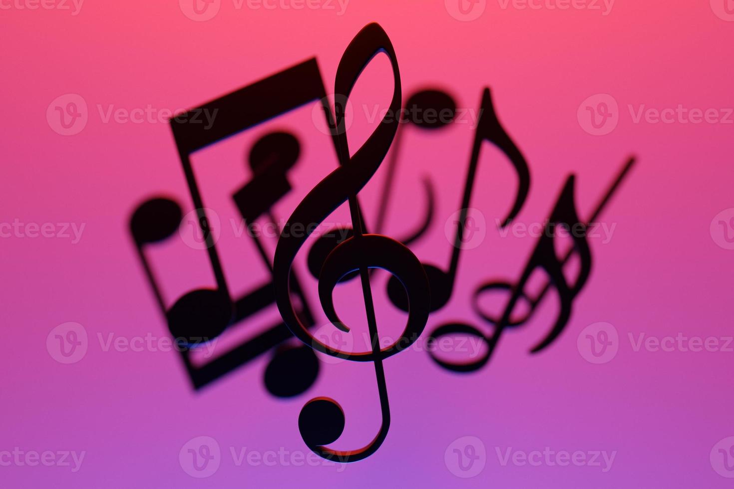 Musical notes and symbols with curves and swirls on a pink background.  3D illustration photo