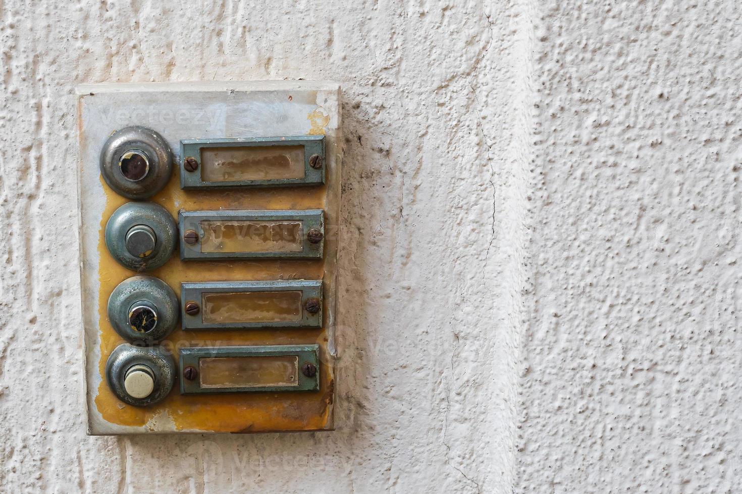 Close-up of an old metal plate on a house with bells photo