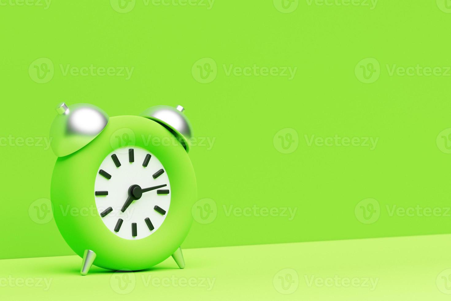 3d illustration green cartoon wake up alarm clock on isolated monochrome background photo