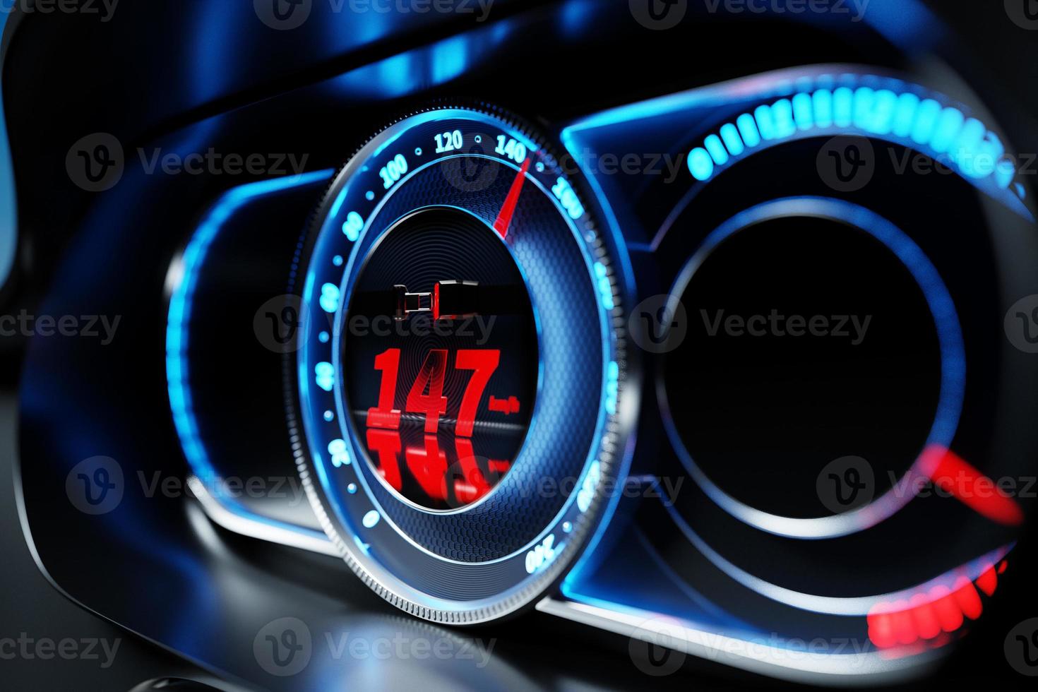 3D illustration of the new car interior details. Speedometer shows a maximum speed of 147 km  h, tachometer with red backlight with icon seat belt fastening photo