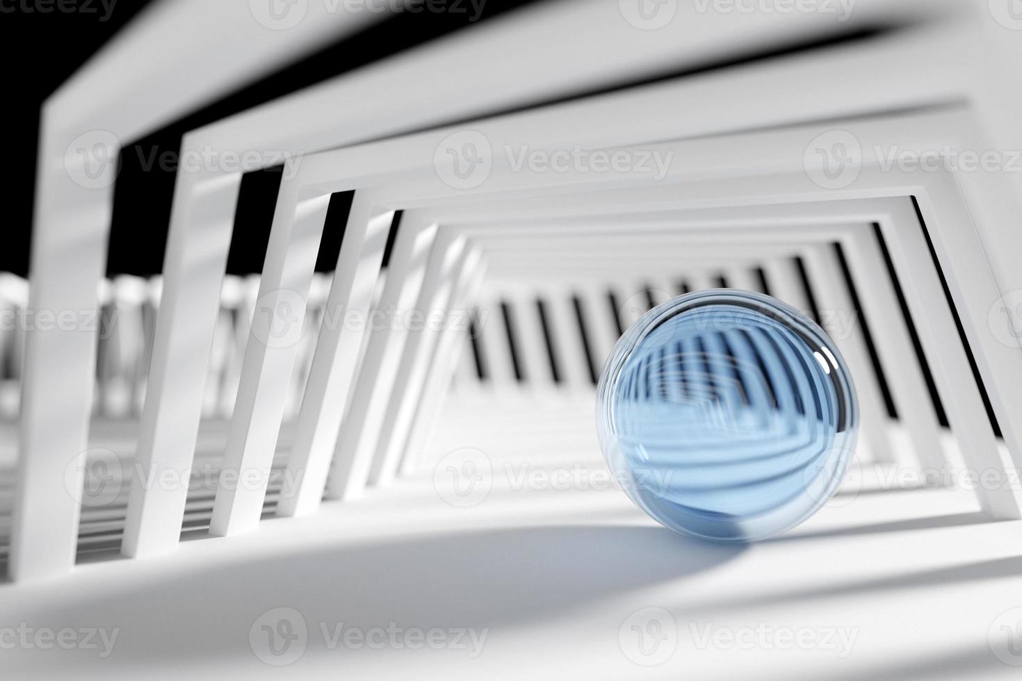Ilustración 3d de una bola azul en la pasarela un primer plano de un túnel monocromo redondo. foto