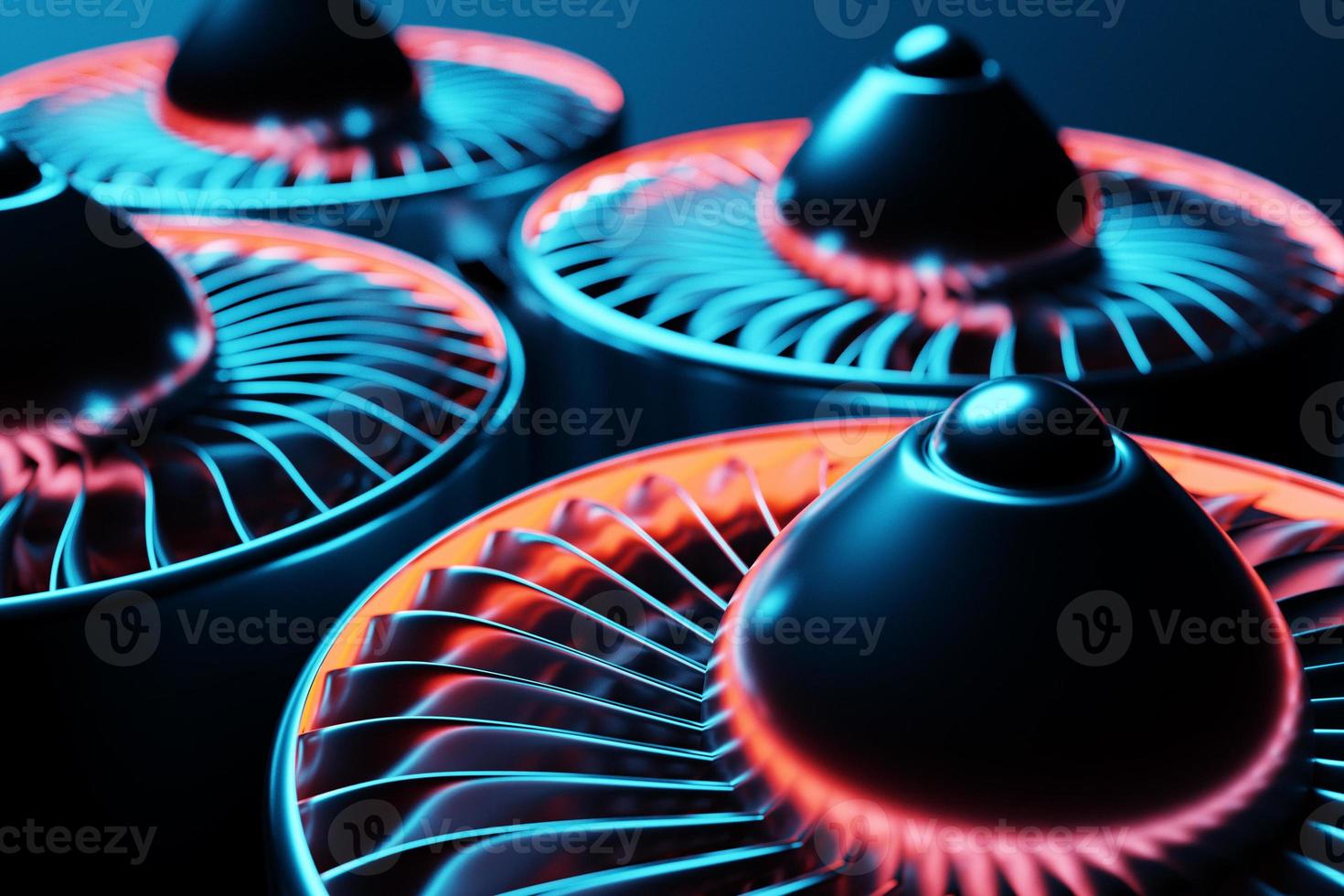 3D rendering future engine rocket turbine technology under blue and purple light.  Futuristic part of a spacecraft turbine photo