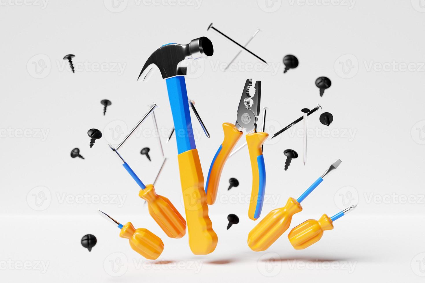 3D illustration of a metal hammer with a yellow handle, screwdrivers, pliers, nails hand tools isolated on a white background. 3D render and illustration of repair and installation tool photo