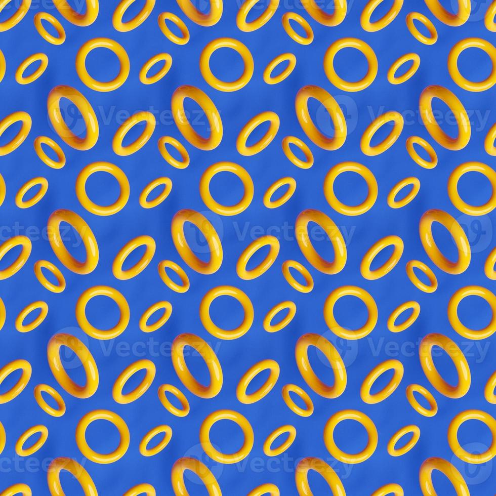 3d illustration of rows of  yellow torus .Set of  toruses  on monocrome background, pattern. Geometry  background photo