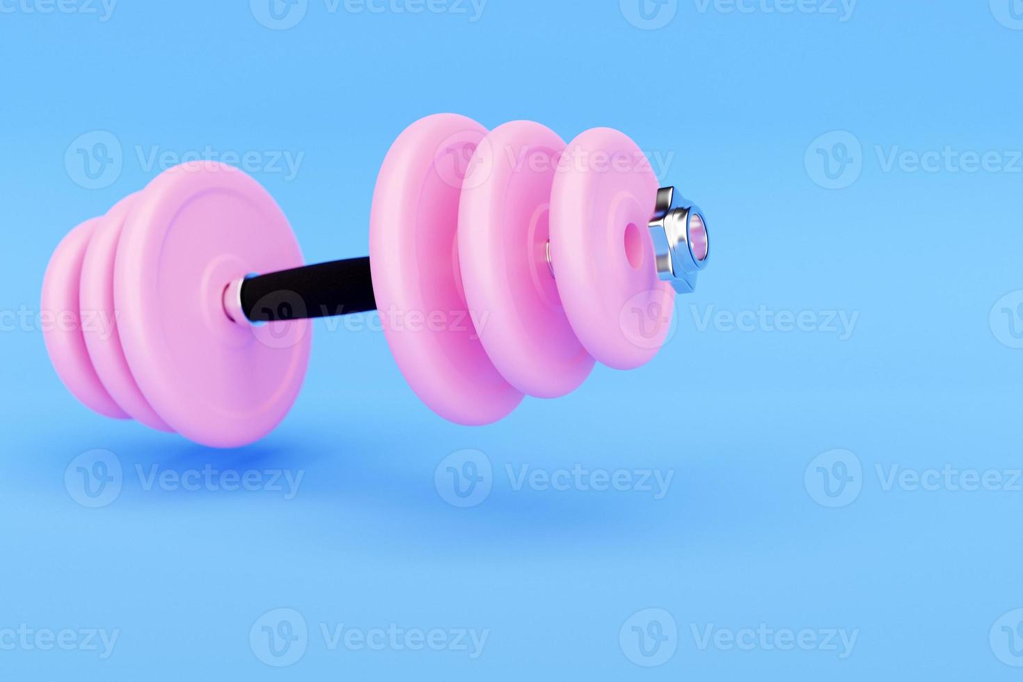 3D illustration  metal pink dumbbell with disks on  blue background. Fitness and sports equipment photo