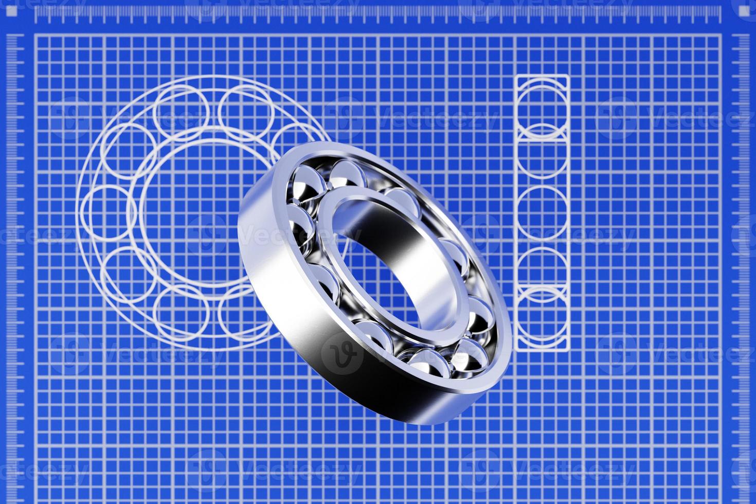 Ilustración 3d de un cojinete de bolas de plata metálica con bolas sobre un fondo de papel cuadriculado azul. rodamientos industriales. foto