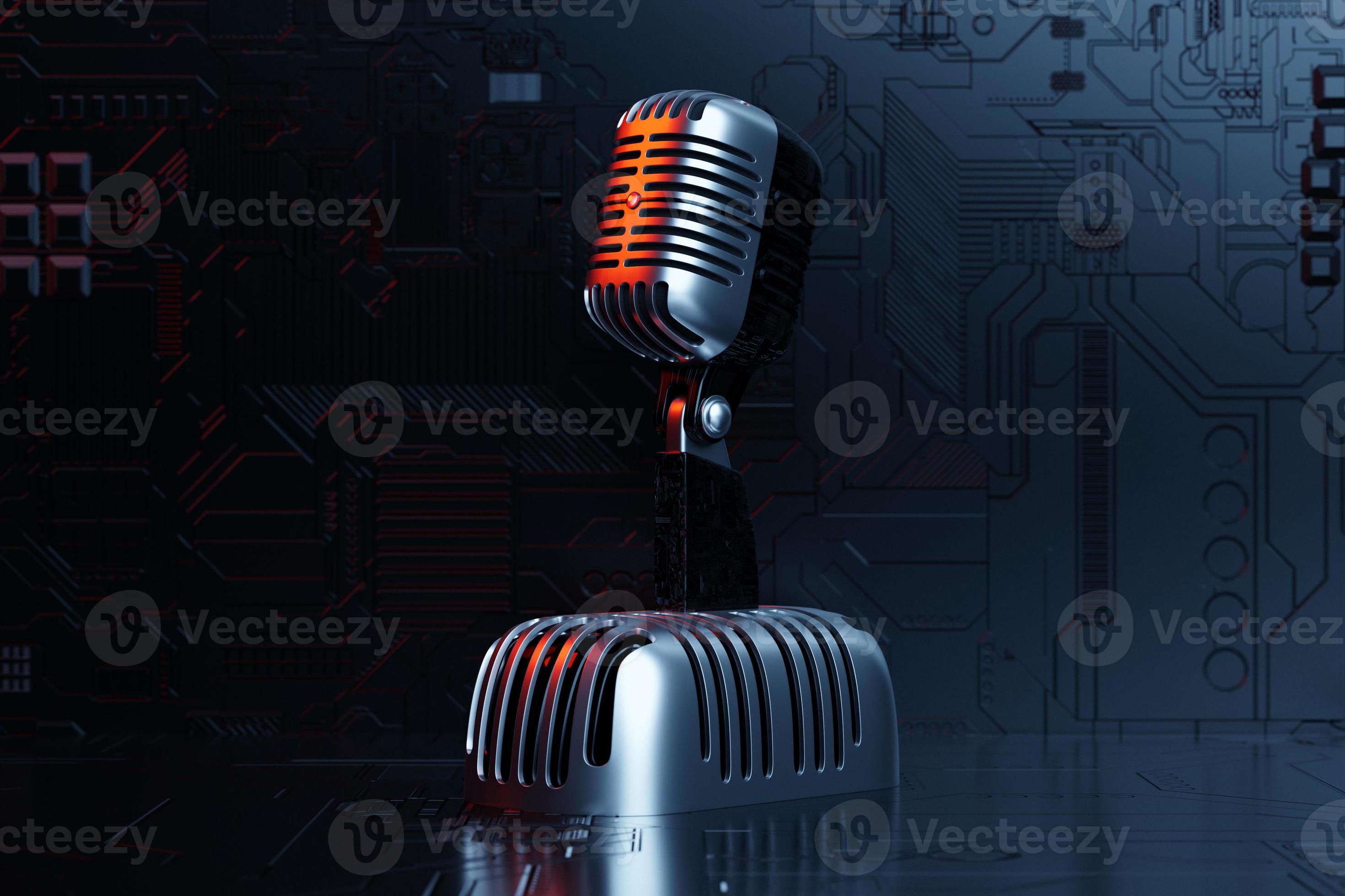 Silver microphone, model on black background, realistic 3d illustration.  music award, karaoke, radio and recording studio sound equipment 8158928  Stock Photo at Vecteezy