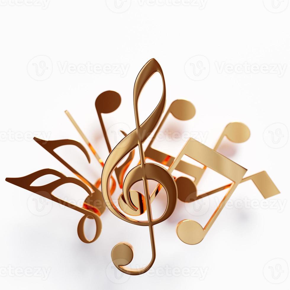 Realistic golden metal treble cle and   musical notes on a white background. 3d golden musical symbol - decoration elements for design. photo