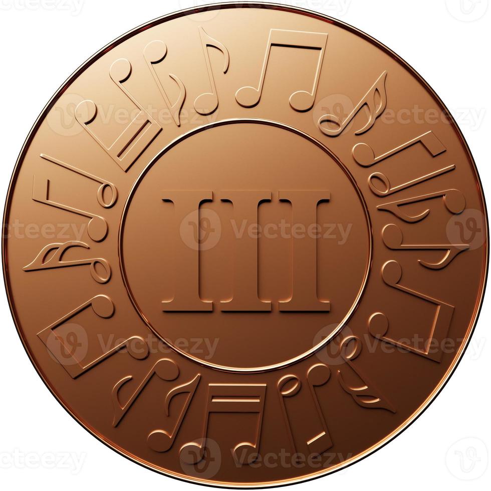 Bronze musical medal with treble clef for third place isolated on white background, 3d illustration photo