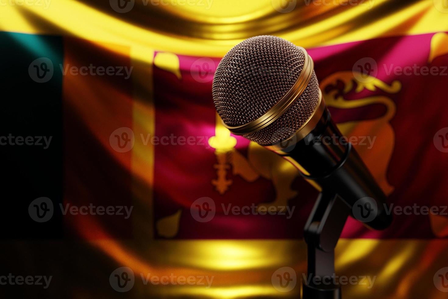 micrófono en el fondo de la bandera nacional de sri lanka, ilustración 3d realista. premio de música, karaoke, radio y equipo de sonido de estudio de grabación foto