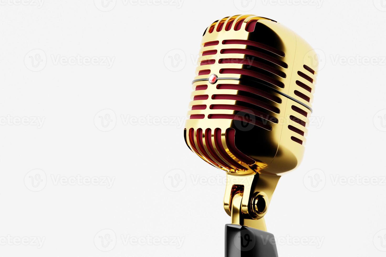 Golden  metal retro microphone, classic metal microphone on a white  background, close-up view. Live show, music recording, entertainment concept. 3d illustration photo