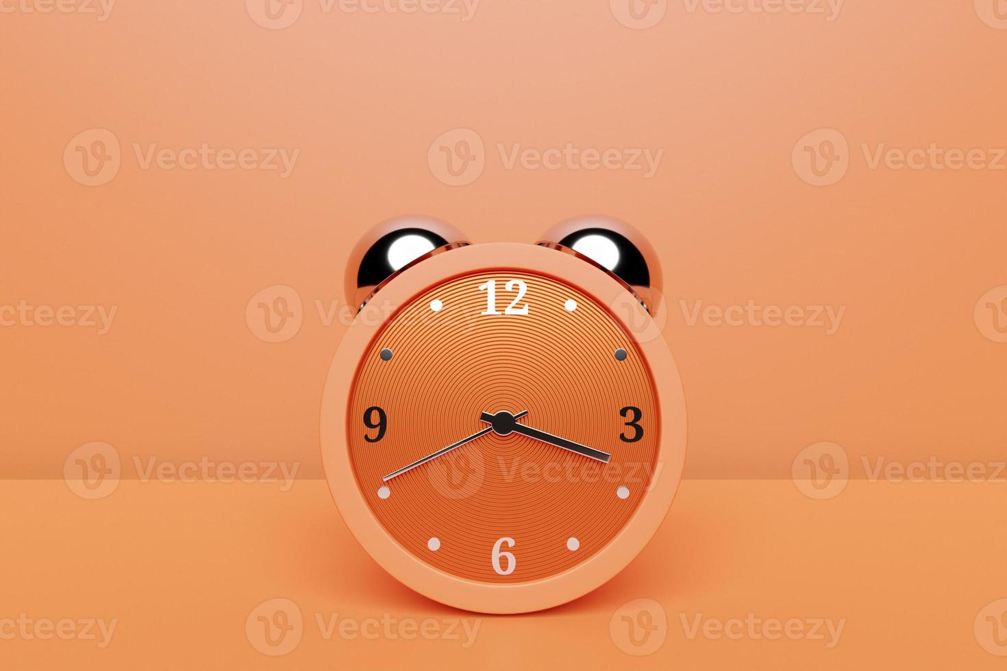 An  orange  vintage alarm clock standing on the floor with a bright  background. 3d render illustration photo