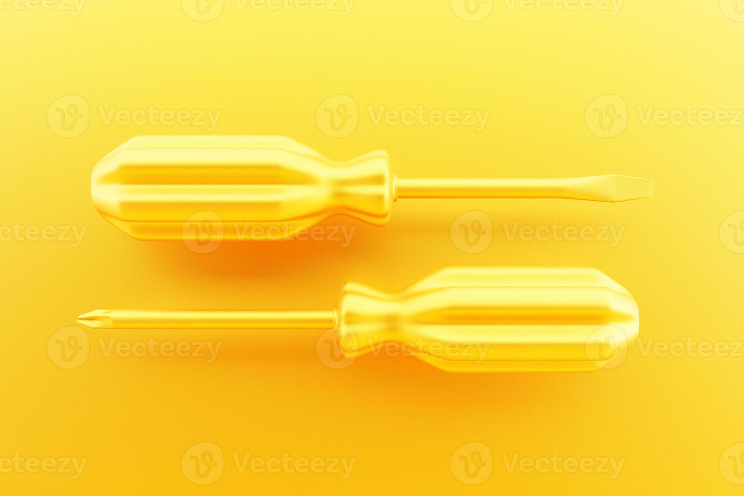 3D illustration of a  yellow screwdrivers in cartoon style on a monochrome  isolated background. Hand carpentry tool for DIY shop. photo