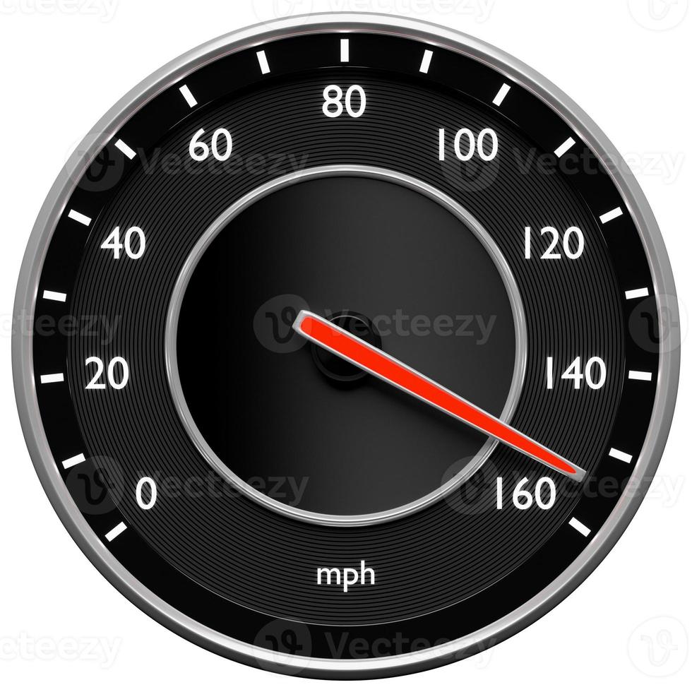 3D close-up illustration of a black dashboard of a car, a digital bright speedometer with a red arrow in a sporty style. photo