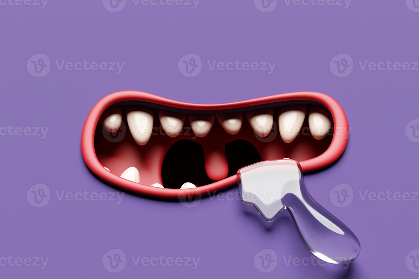 Boca con dientes de fantasía de ilustración 3d en colores brillantes. boca de monstruo o bestia gritando. cara de dibujos animados enojado foto