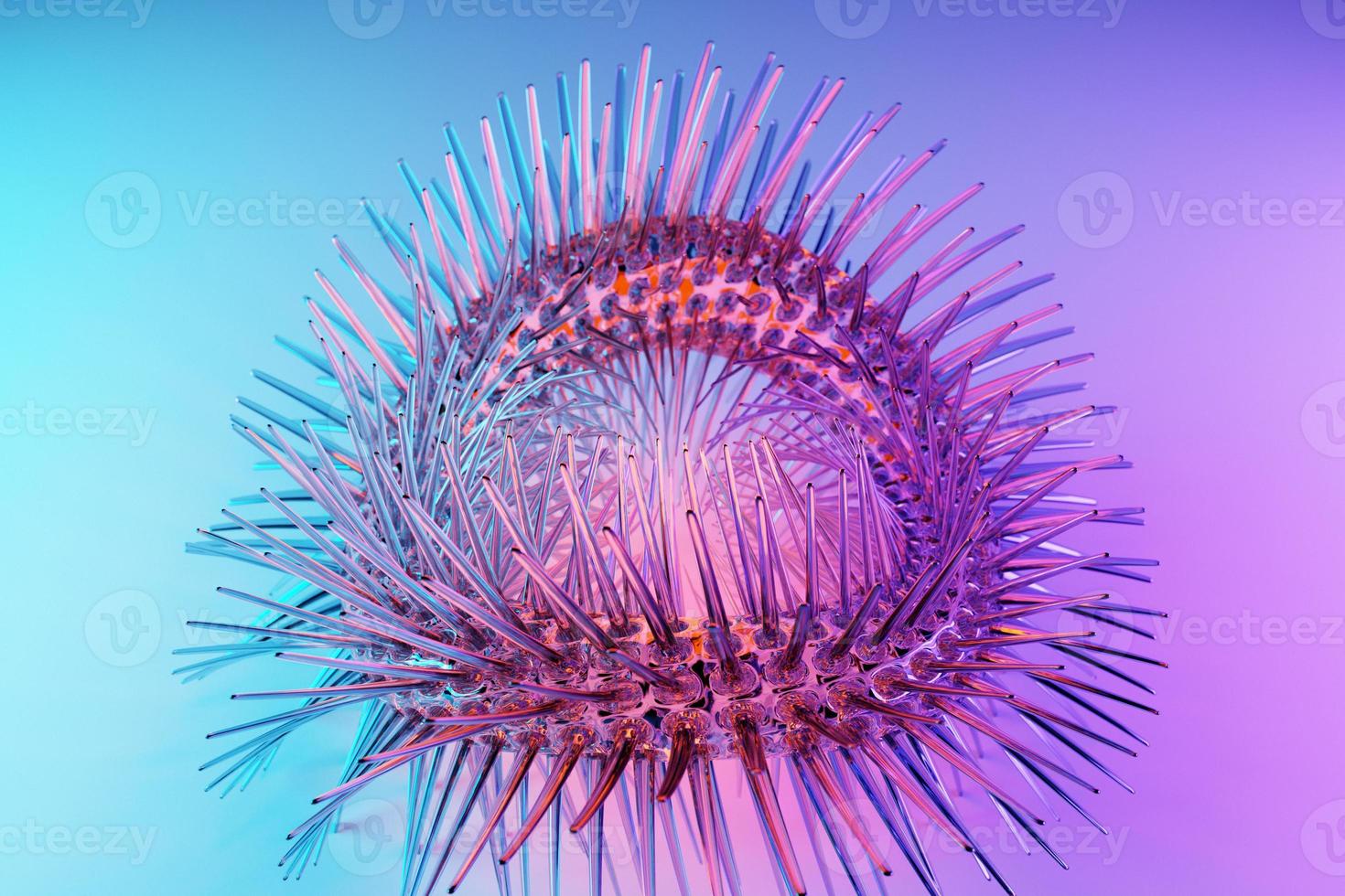 3D rendering abstract   metal  round fractal, portal with spikes under neon  lights.  round spiral on dark  isolated background photo